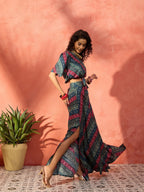 InWeave Teal Hunter Batik Floral Foil Waist Tie-Up Co Ord Set | Grocsy
