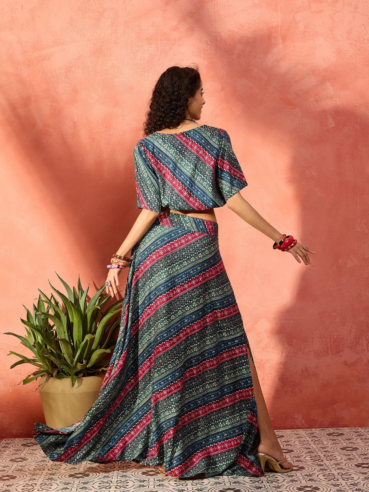 InWeave Teal Hunter Batik Floral Foil Waist Tie-Up Co Ord Set | Grocsy