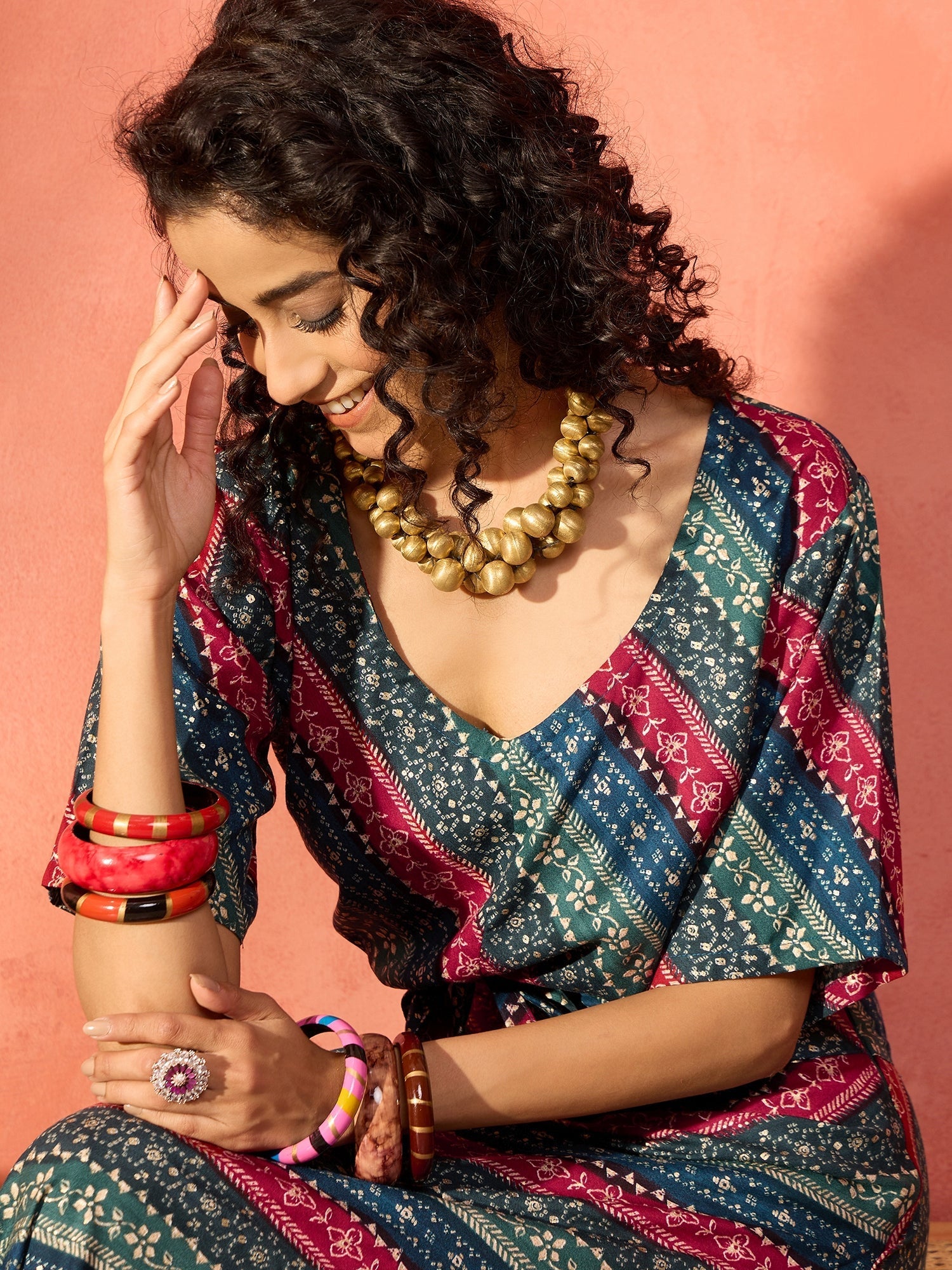 InWeave Teal Hunter Batik Floral Foil Waist Tie-Up Co Ord Set | Grocsy