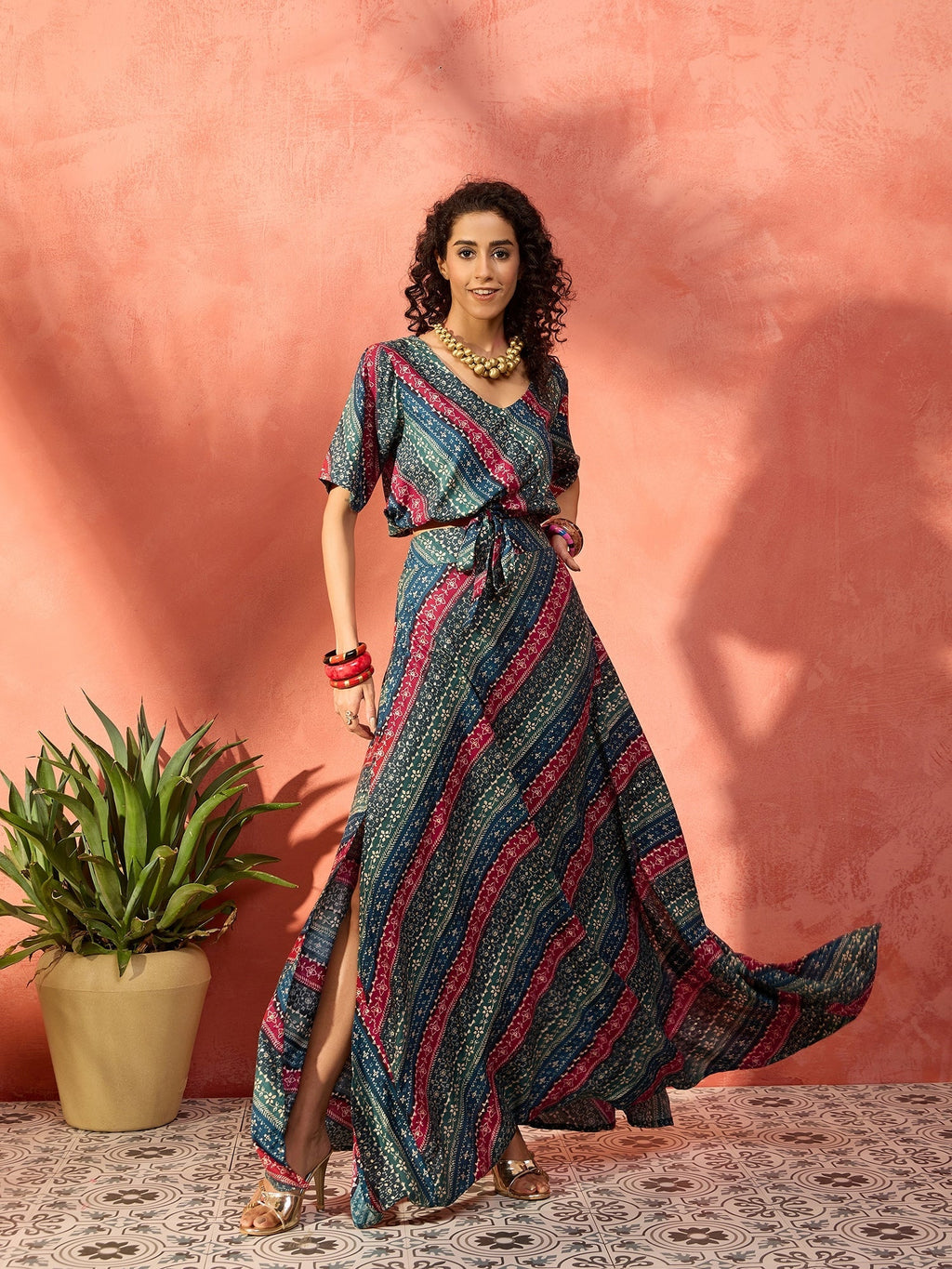 InWeave Teal Hunter Batik Floral Foil Waist Tie-Up Co Ord Set | Grocsy