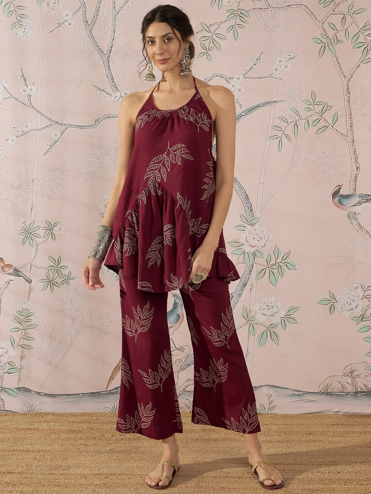 InWeave Dark Maroon Leaf Halter Strappy Set | Grocsy