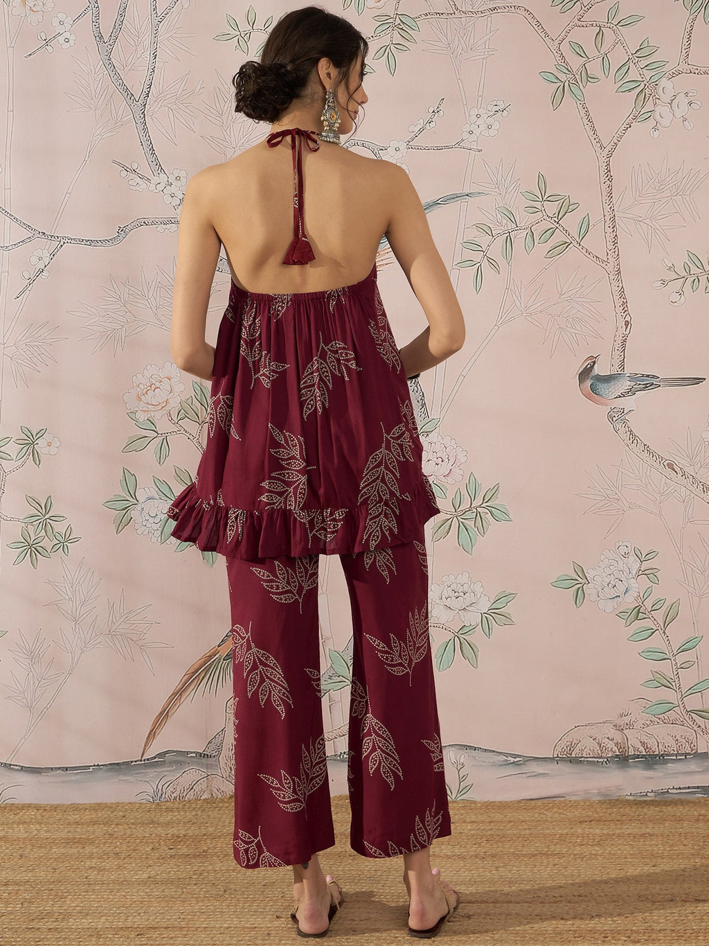 InWeave Dark Maroon Leaf Halter Strappy Set | Grocsy