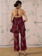 InWeave Dark Maroon Leaf Halter Strappy Set | Grocsy