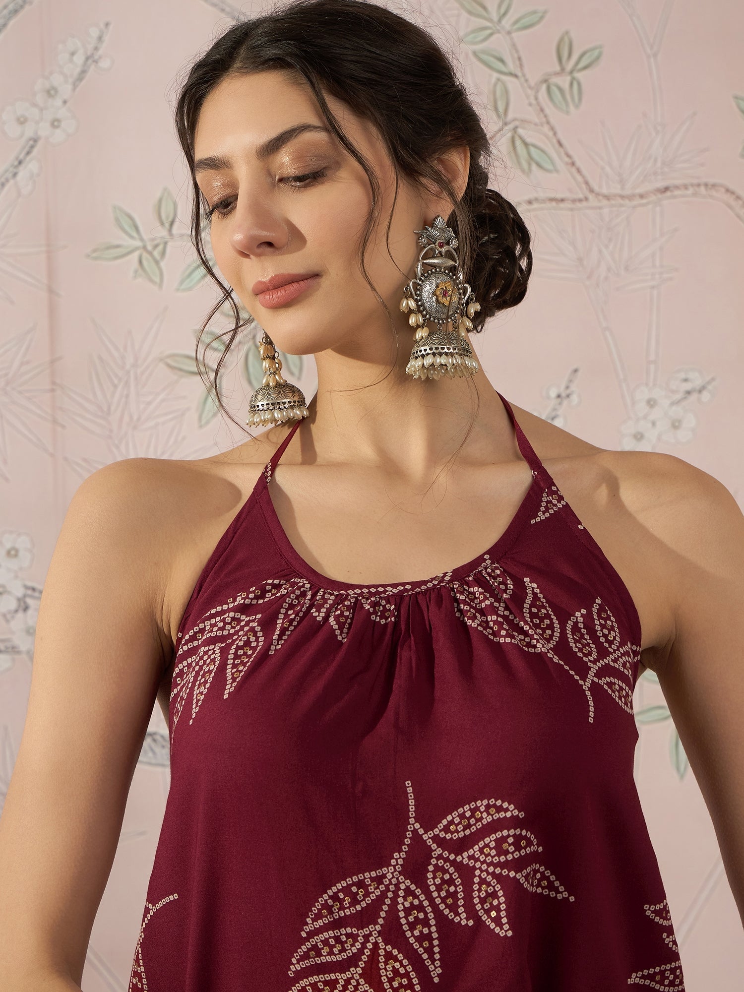 InWeave Dark Maroon Leaf Halter Strappy Set | Grocsy