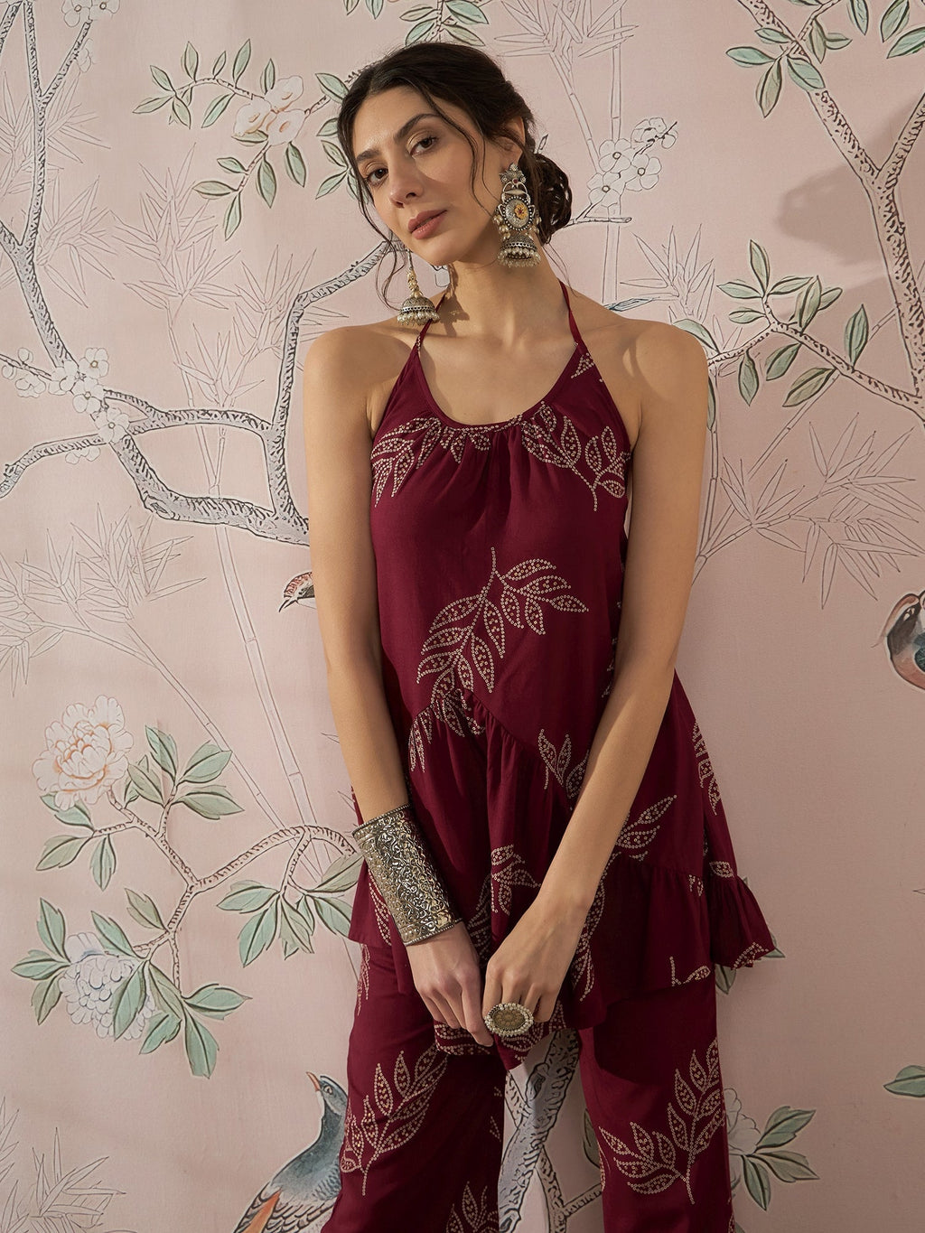 InWeave Dark Maroon Leaf Halter Strappy Set | Grocsy