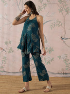 InWeave Dark Teal Leaf Halter Strappy Set | Grocsy