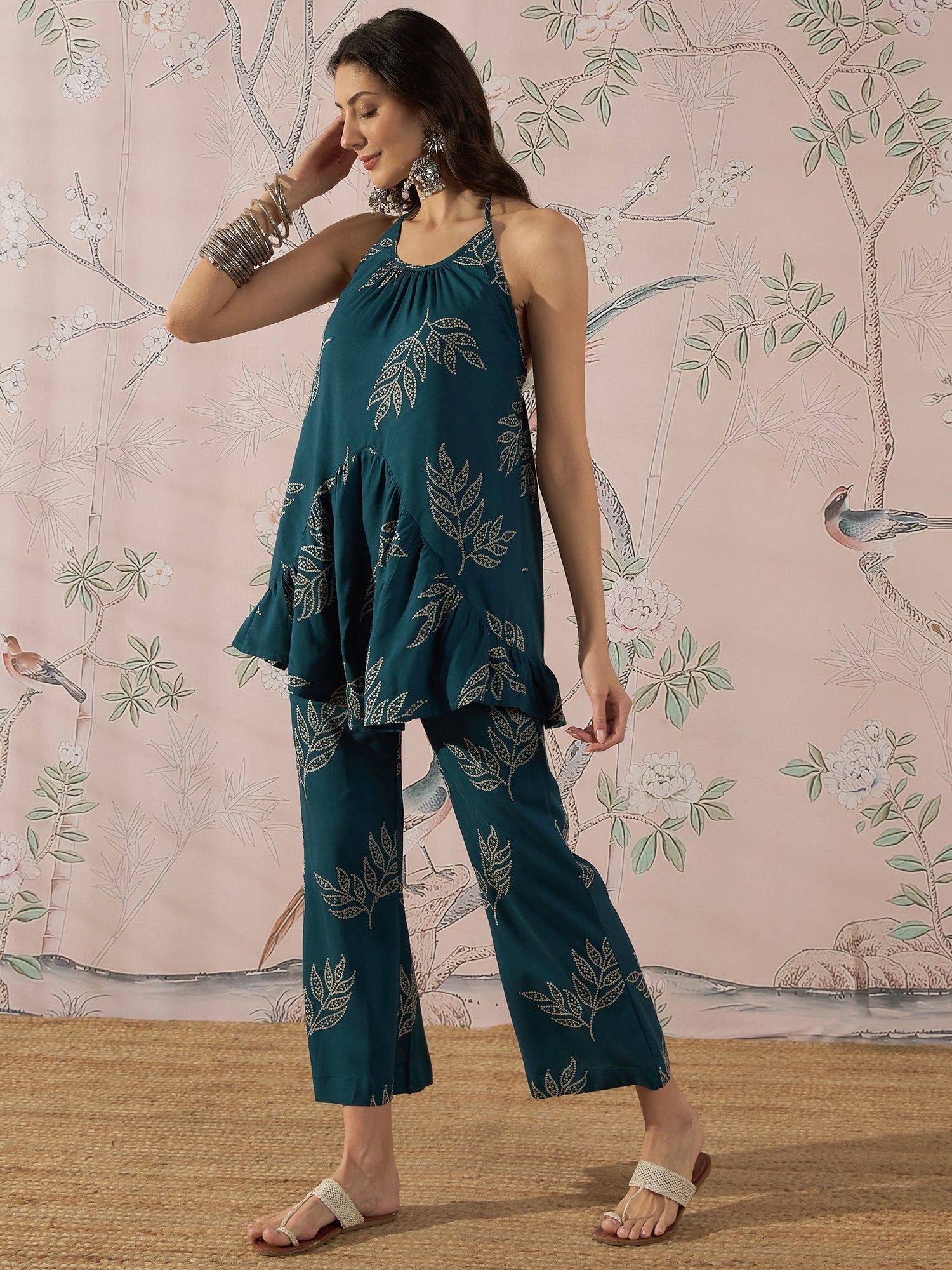 InWeave Dark Teal Leaf Halter Strappy Set | Grocsy