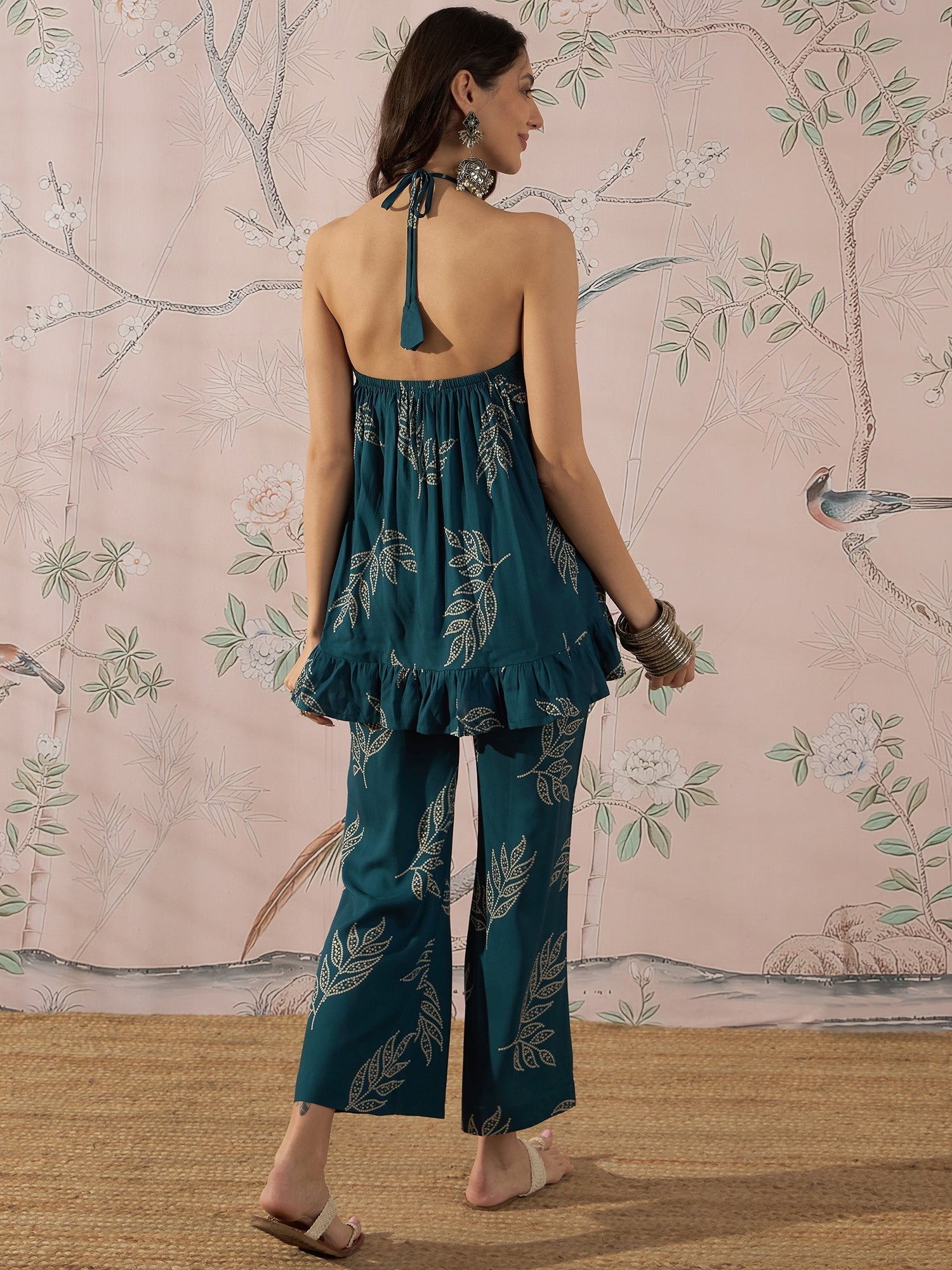 InWeave Dark Teal Leaf Halter Strappy Set | Grocsy