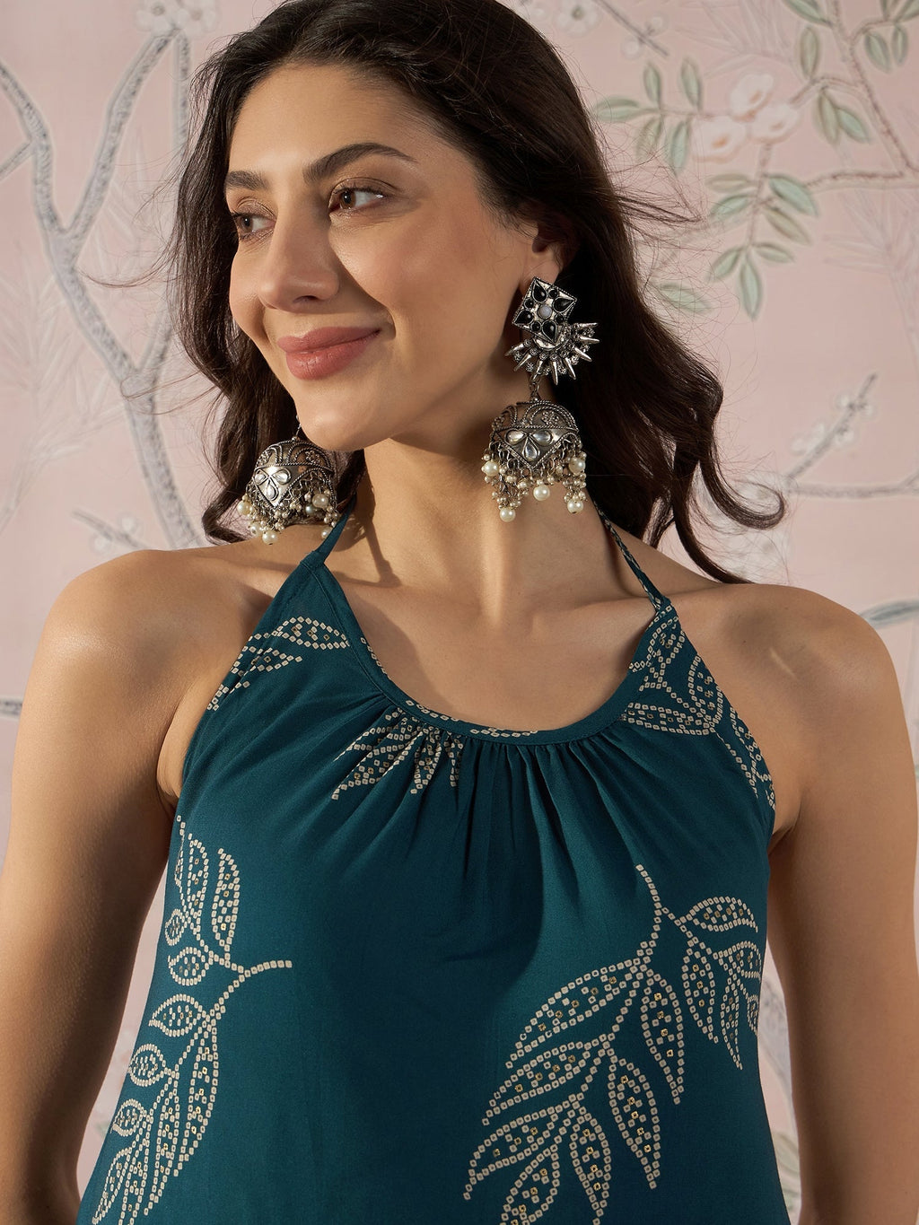 InWeave Dark Teal Leaf Halter Strappy Set | Grocsy