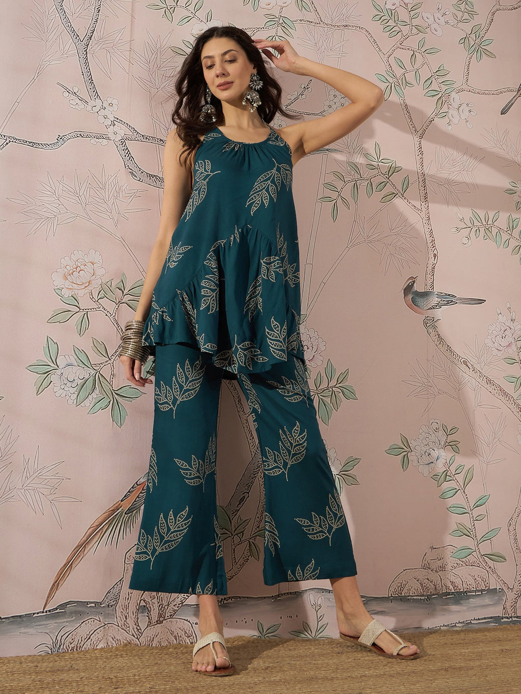 InWeave Dark Teal Leaf Halter Strappy Set | Grocsy