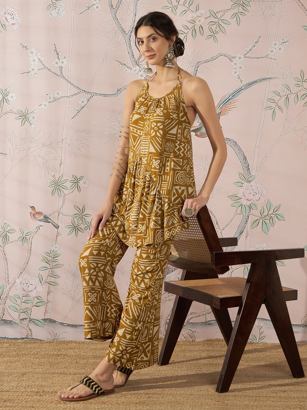 InWeave Dark Yellow Ethnic Halter Strappy Set | Grocsy