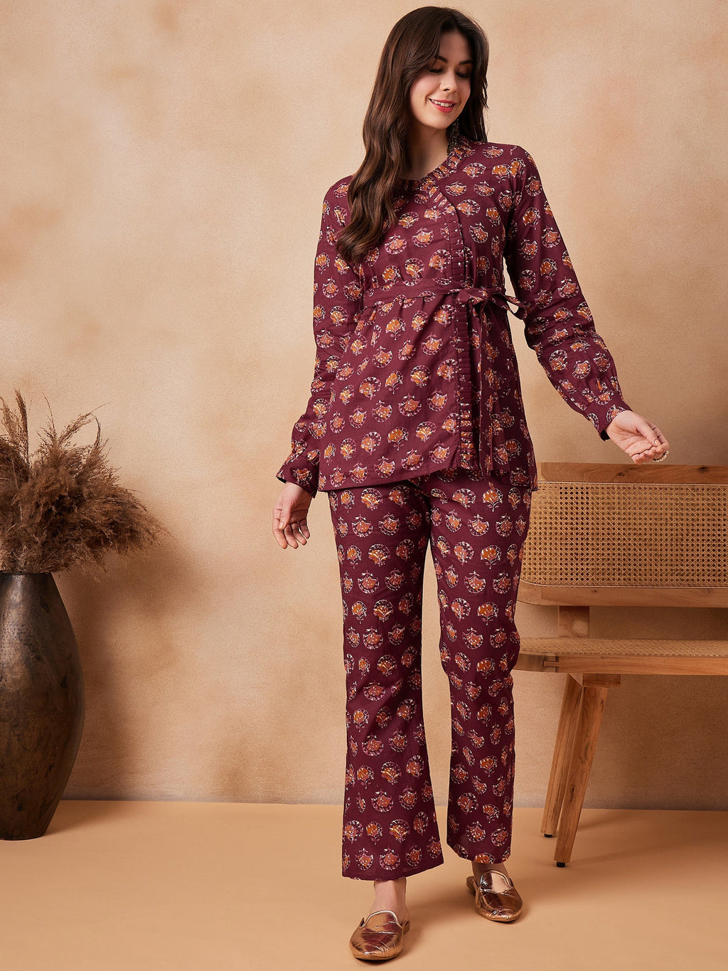 InWeave Burgundy Floral Boota Co Ord Set With Belt | Grocsy