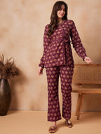 InWeave Burgundy Floral Boota Co Ord Set With Belt | Grocsy