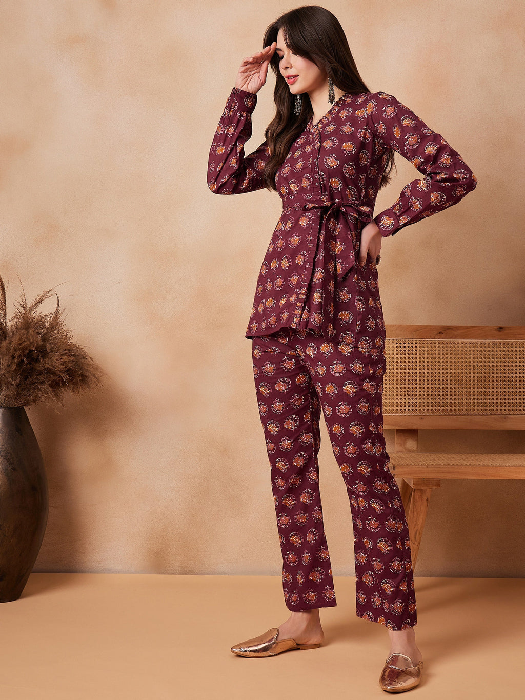 InWeave Burgundy Floral Boota Co Ord Set With Belt | Grocsy
