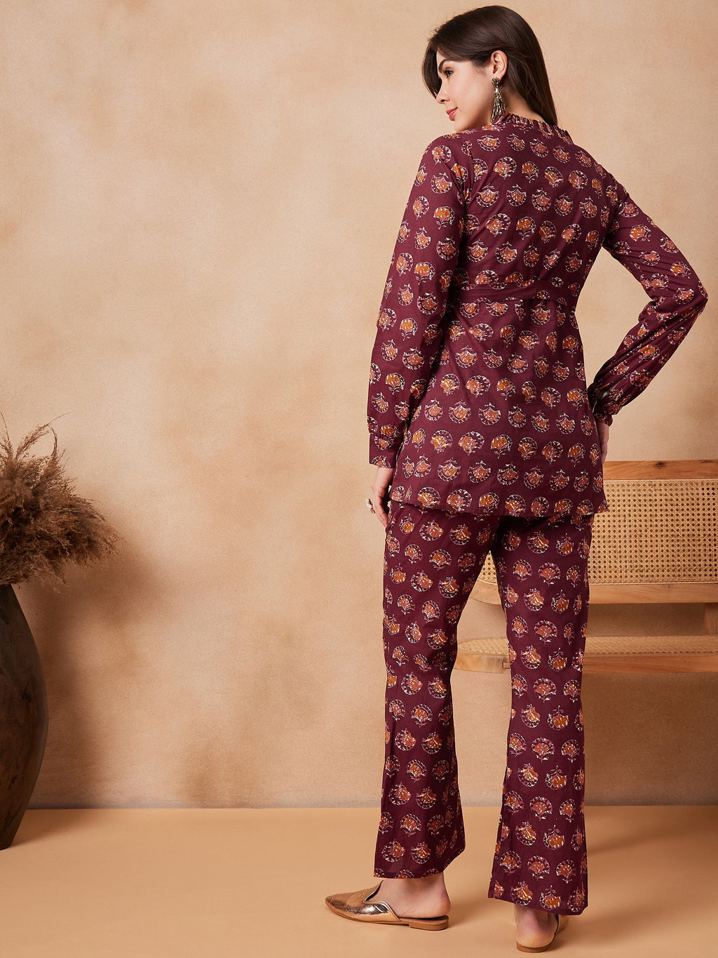 InWeave Burgundy Floral Boota Co Ord Set With Belt | Grocsy