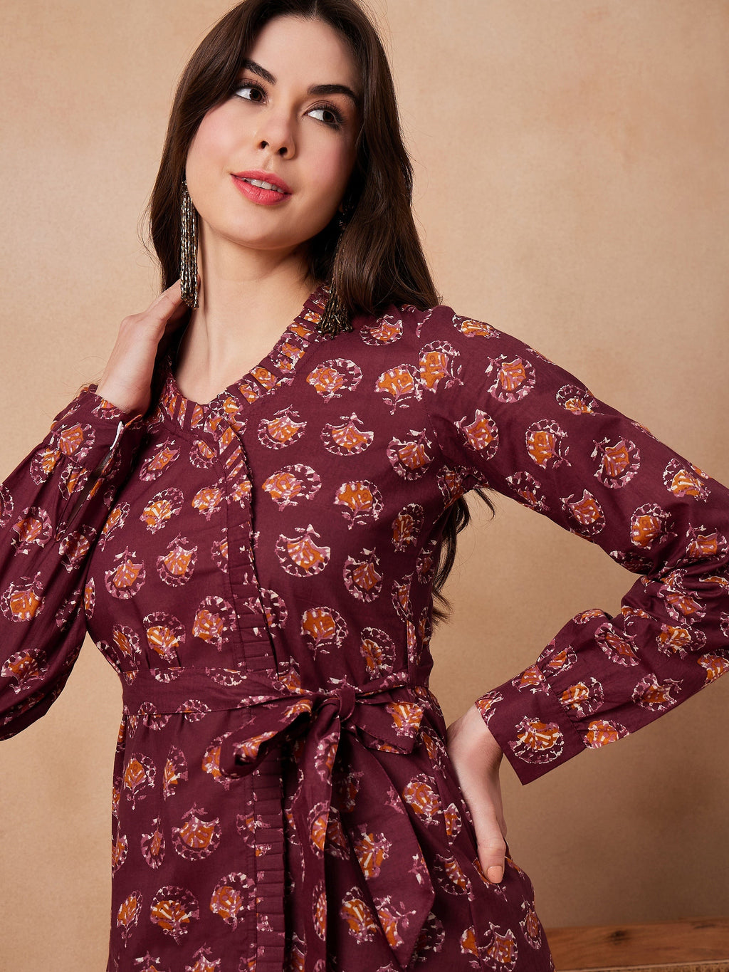 InWeave Burgundy Floral Boota Co Ord Set With Belt | Grocsy