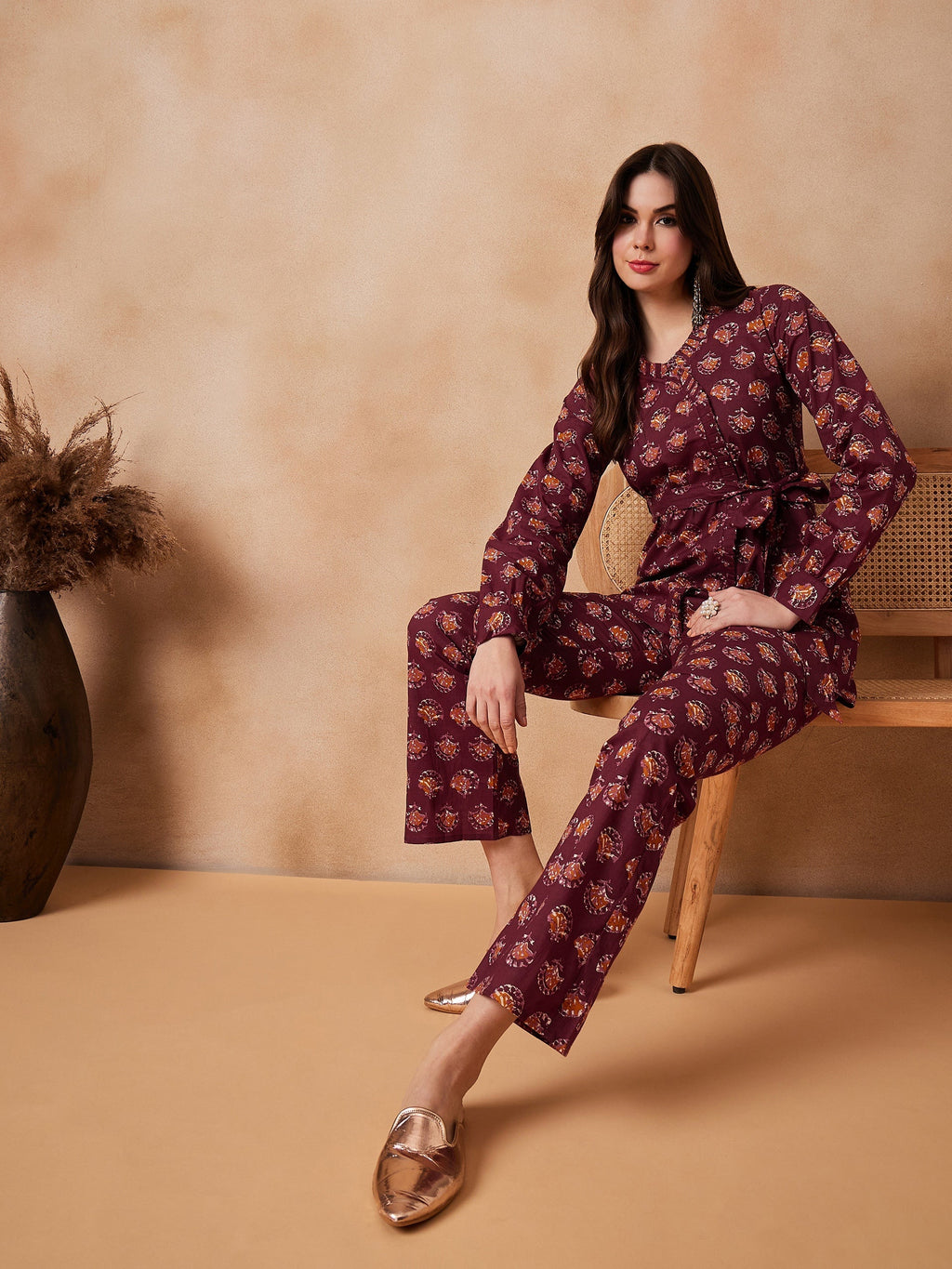 InWeave Burgundy Floral Boota Co Ord Set With Belt | Grocsy