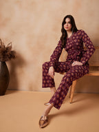 InWeave Burgundy Floral Boota Co Ord Set With Belt | Grocsy