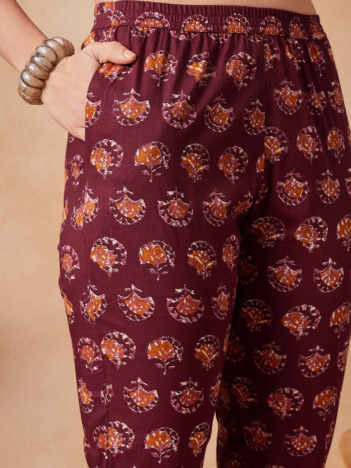 InWeave Burgundy Floral Boota Co Ord Set With Belt | Grocsy