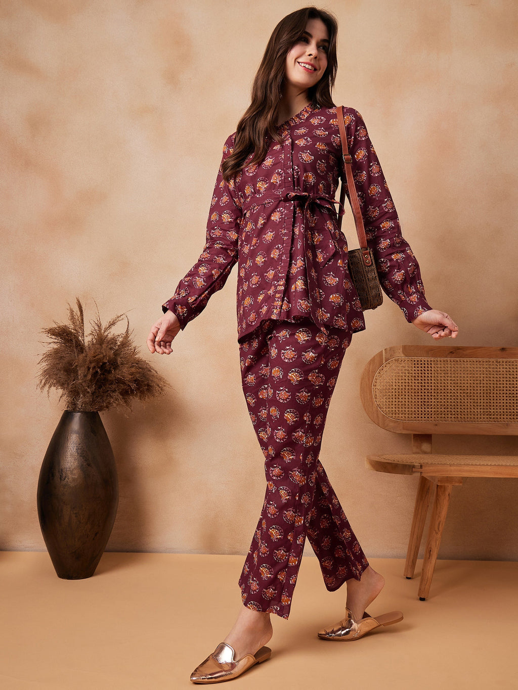 InWeave Burgundy Floral Boota Co Ord Set With Belt | Grocsy
