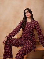InWeave Burgundy Floral Boota Co Ord Set With Belt | Grocsy