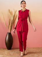 InWeave Maroon 3 Piece Co Ord Set With Belt | Grocsy