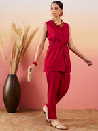 InWeave Maroon 3 Piece Co Ord Set With Belt | Grocsy