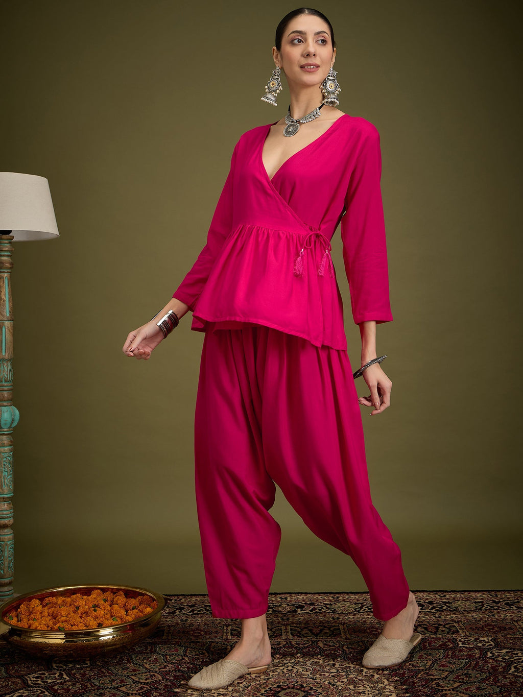 InWeave Fuchsia Angrakha Dhoti Co Ord Set | Grocsy