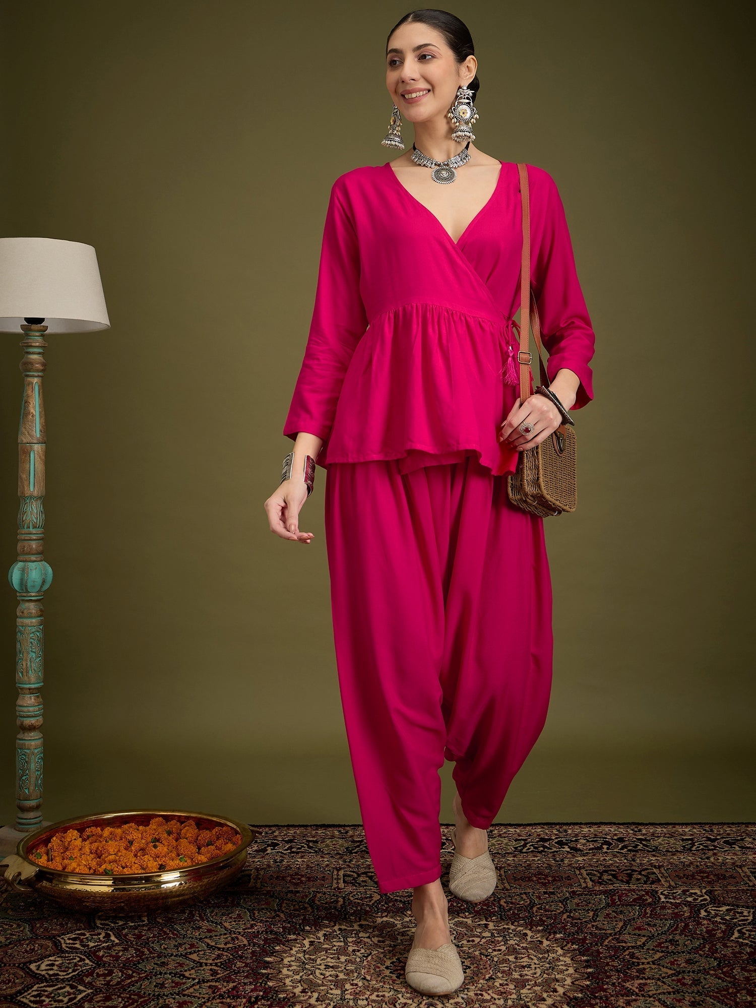 InWeave Fuchsia Angrakha Dhoti Co Ord Set | Grocsy