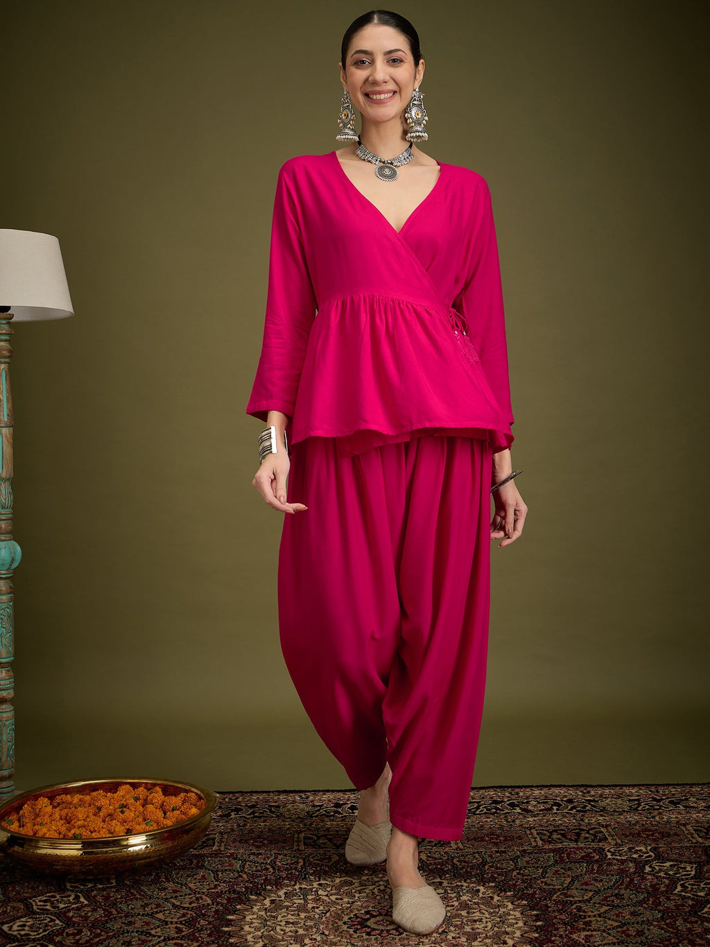 InWeave Fuchsia Angrakha Dhoti Co Ord Set | Grocsy