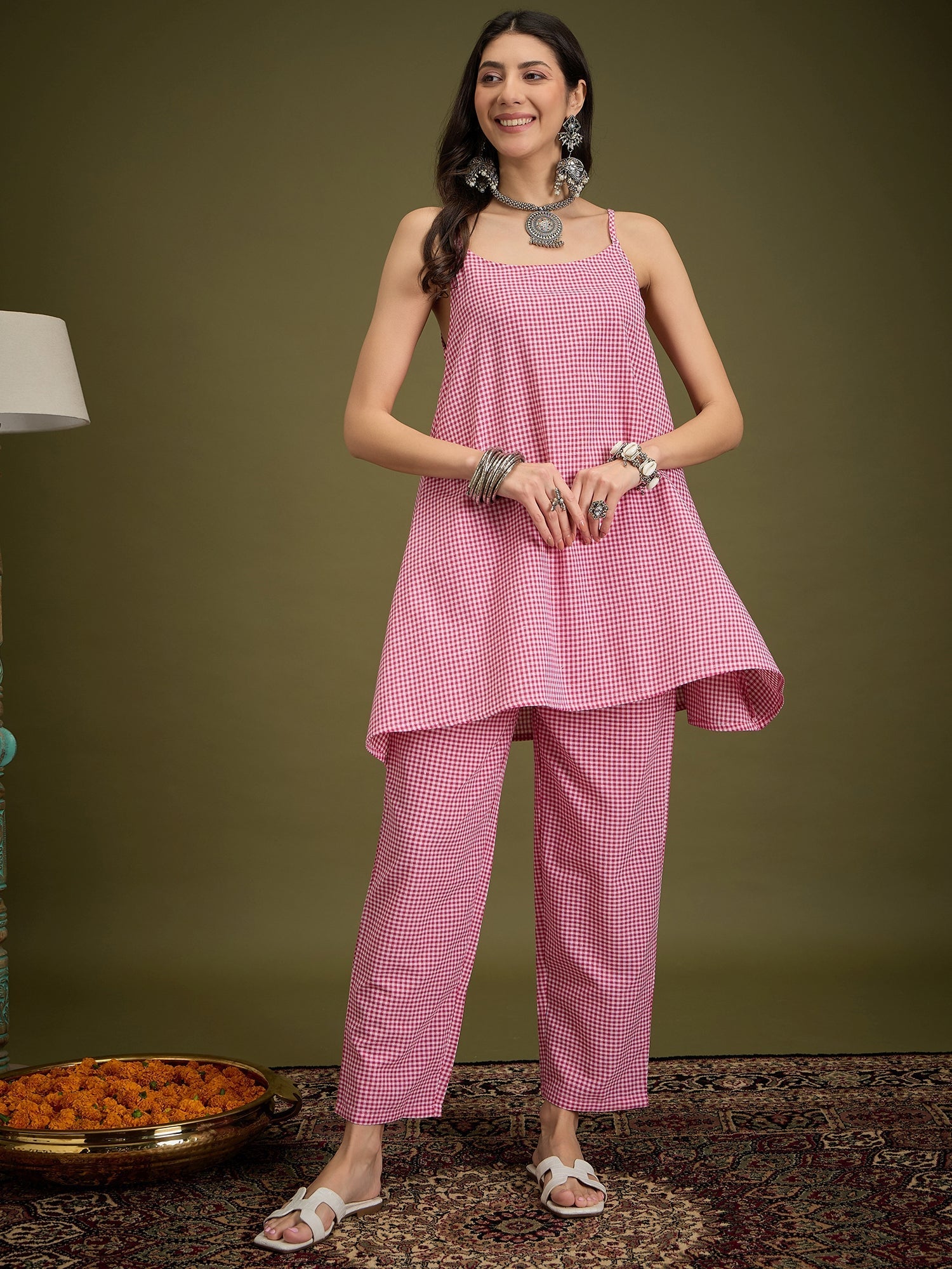 InWeave Pink Small Check Strappy Co Ord Set | Grocsy