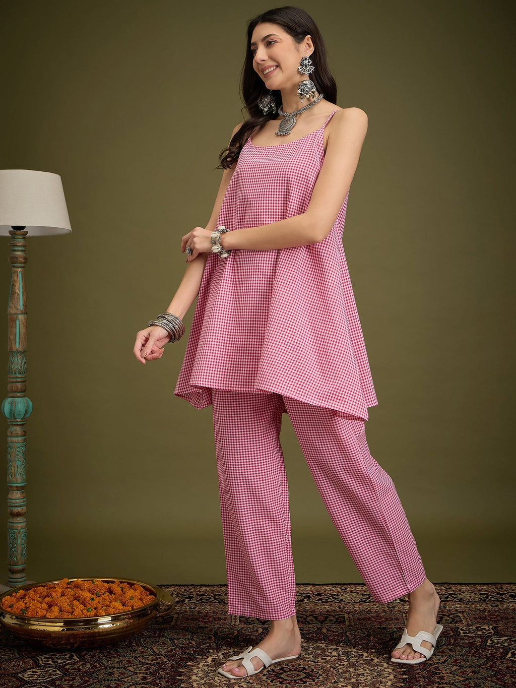 InWeave Pink Small Check Strappy Co Ord Set | Grocsy