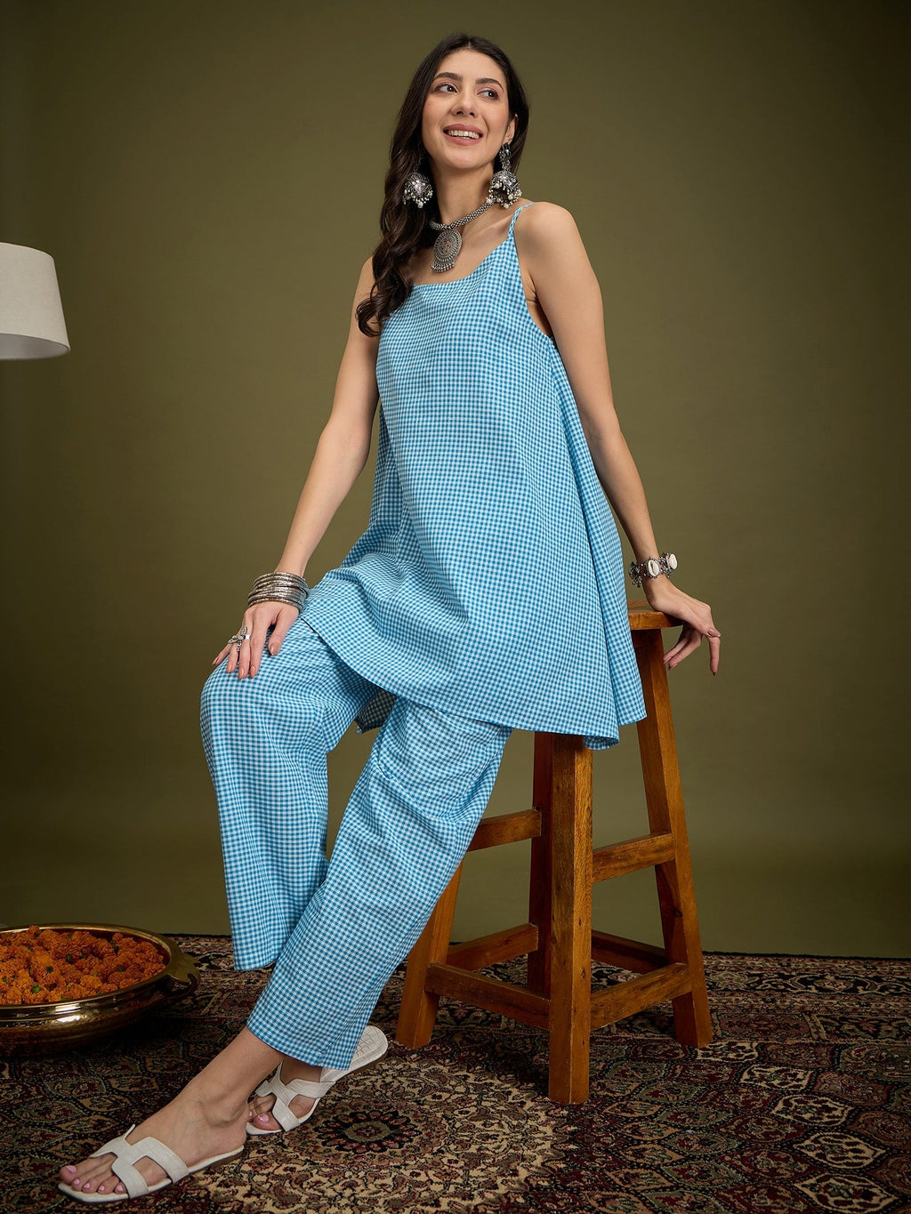 InWeave Cyan Blue Small Check Strappy Co Ord Set | Grocsy