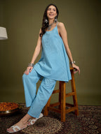 InWeave Cyan Blue Small Check Strappy Co Ord Set | Grocsy