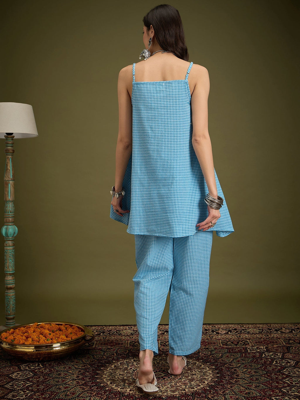 InWeave Cyan Blue Small Check Strappy Co Ord Set | Grocsy