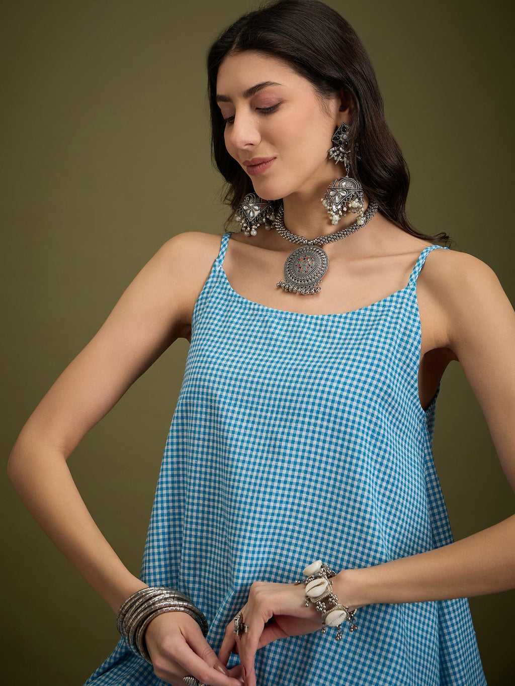 InWeave Cyan Blue Small Check Strappy Co Ord Set | Grocsy