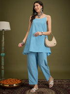 InWeave Cyan Blue Small Check Strappy Co Ord Set | Grocsy
