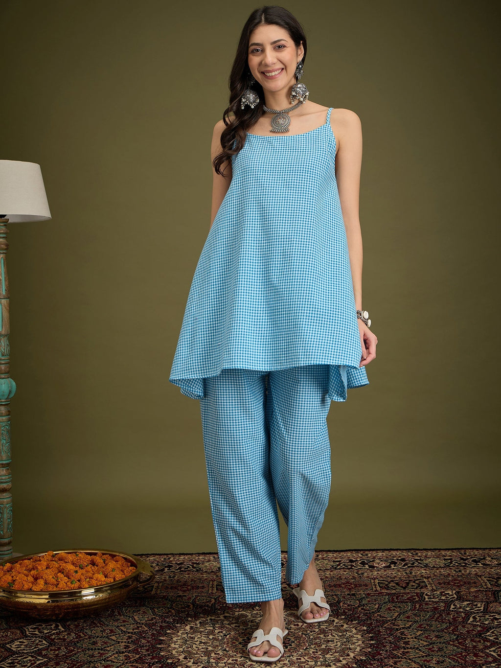 InWeave Cyan Blue Small Check Strappy Co Ord Set | Grocsy