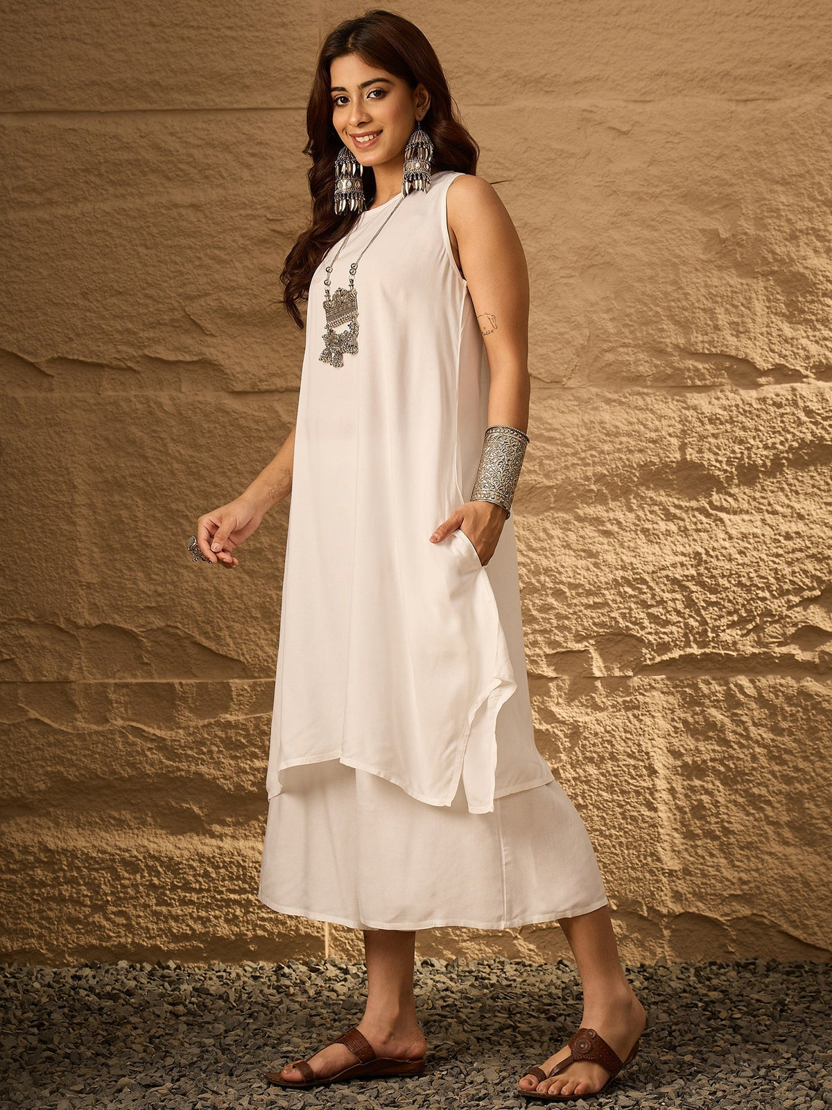 InWeave White Round Neck Short Palazzo Set | Grocsy