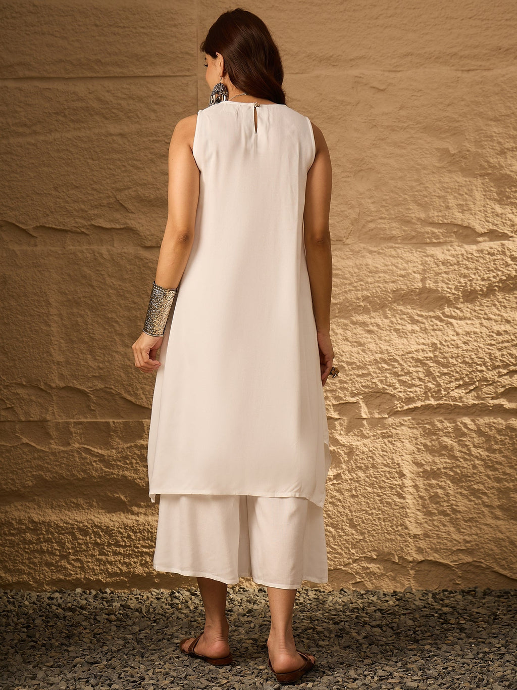 InWeave White Round Neck Short Palazzo Set | Grocsy