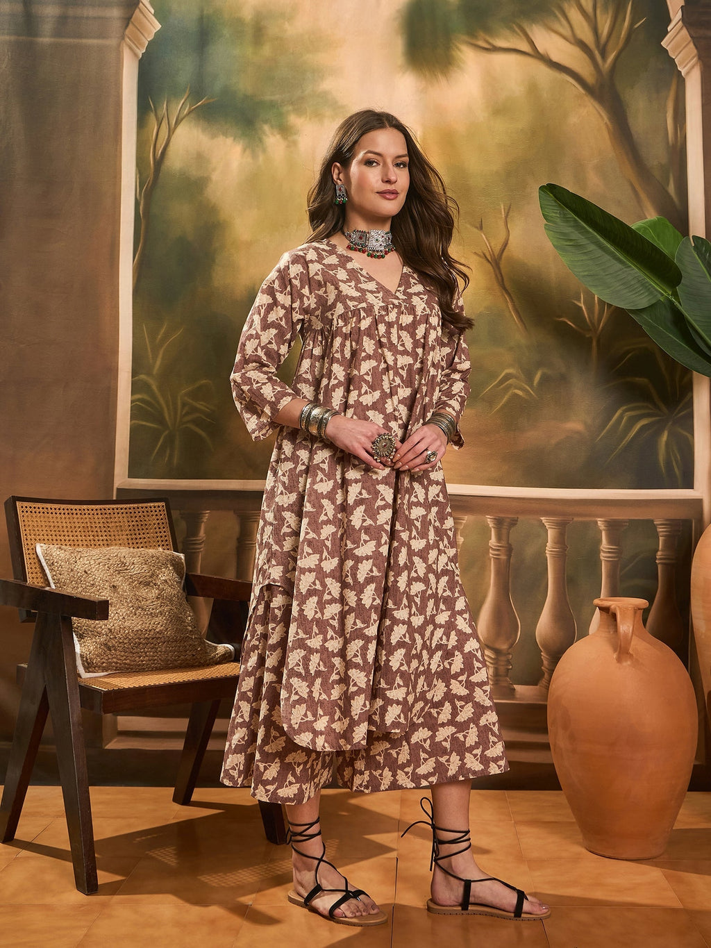 InWeave Light Brown Off White V Neck Flared Kurta Set | Grocsy