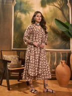 InWeave Light Brown Off White V Neck Flared Kurta Set | Grocsy