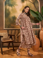 InWeave Light Brown Off White V Neck Flared Kurta Set | Grocsy