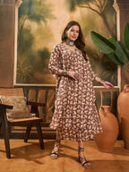 InWeave Light Brown Off White V Neck Flared Kurta Set | Grocsy