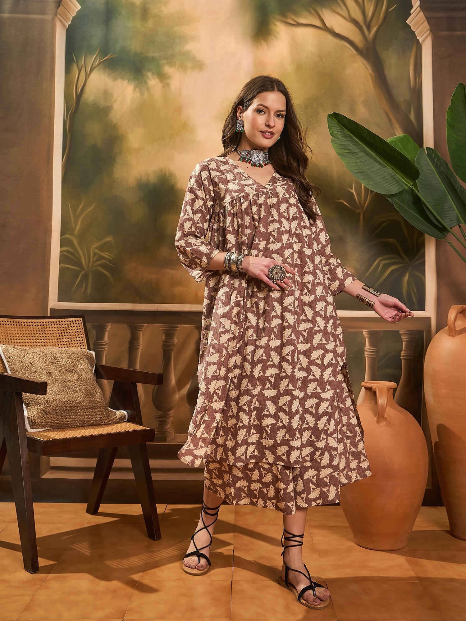 InWeave Light Brown Off White V Neck Flared Kurta Set | Grocsy