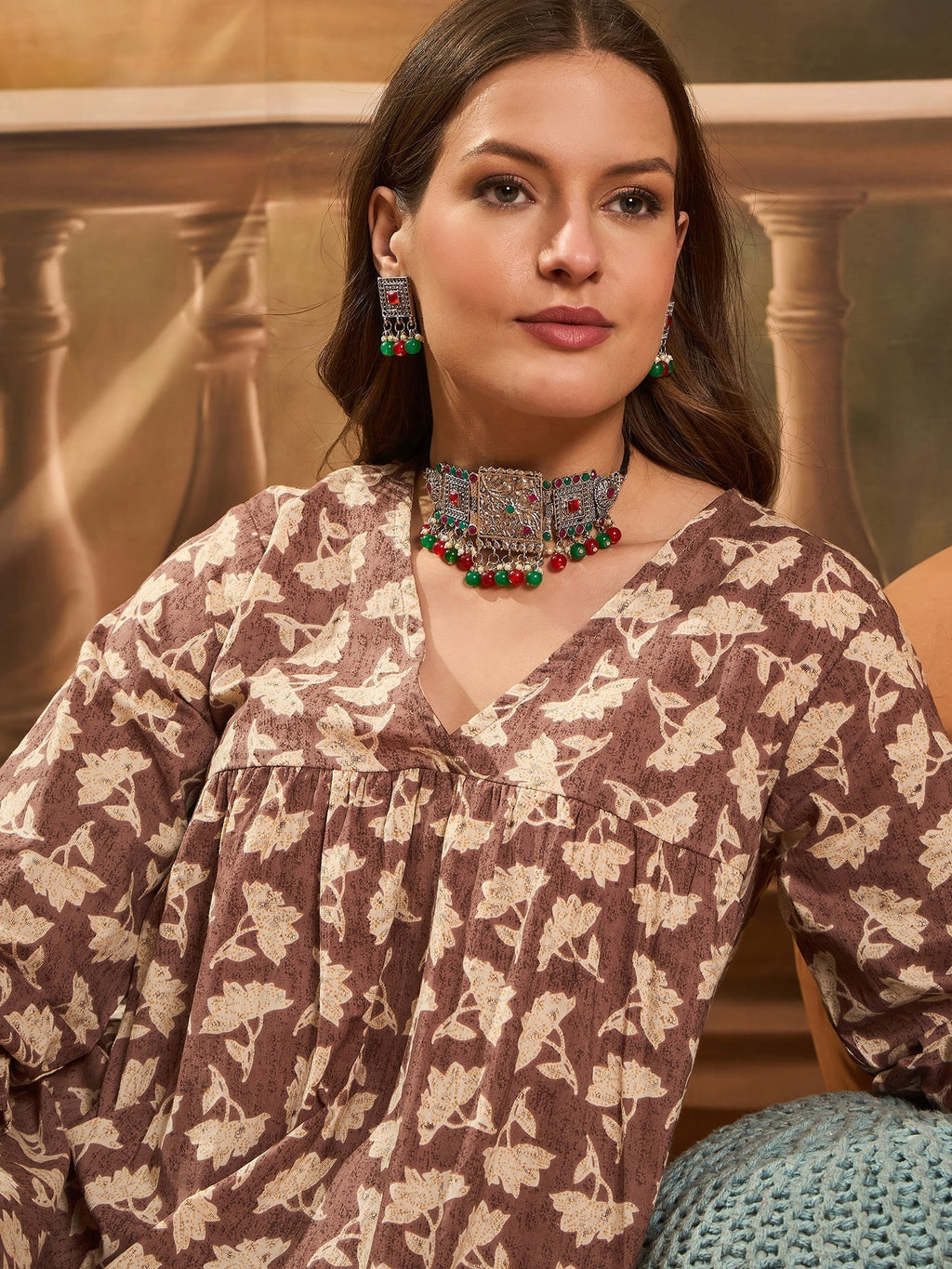 InWeave Light Brown Off White V Neck Flared Kurta Set | Grocsy