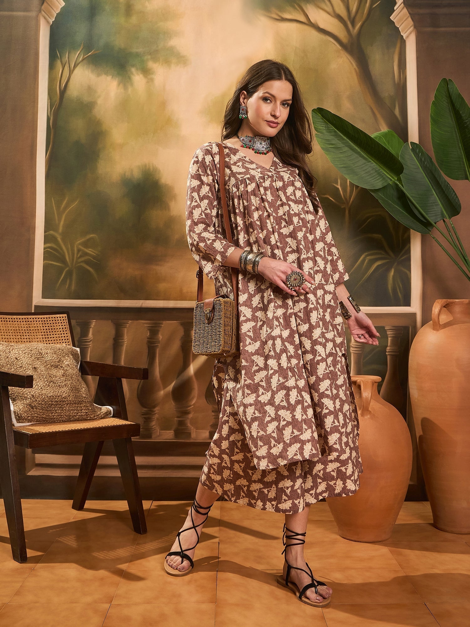 InWeave Light Brown Off White V Neck Flared Kurta Set | Grocsy