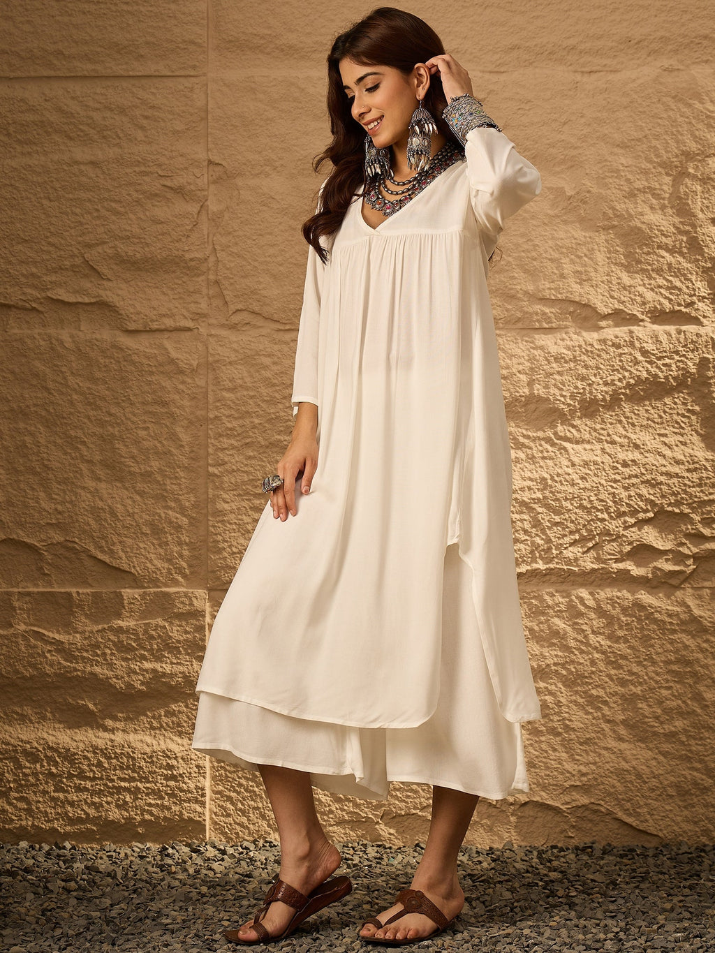 InWeave White Flared Kurta Palazzo Set | Grocsy
