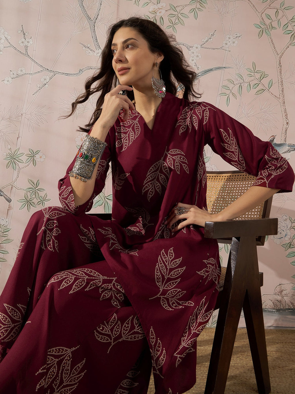 InWeave Dark Maroon Leaf Mandarin Kurta Set | Grocsy