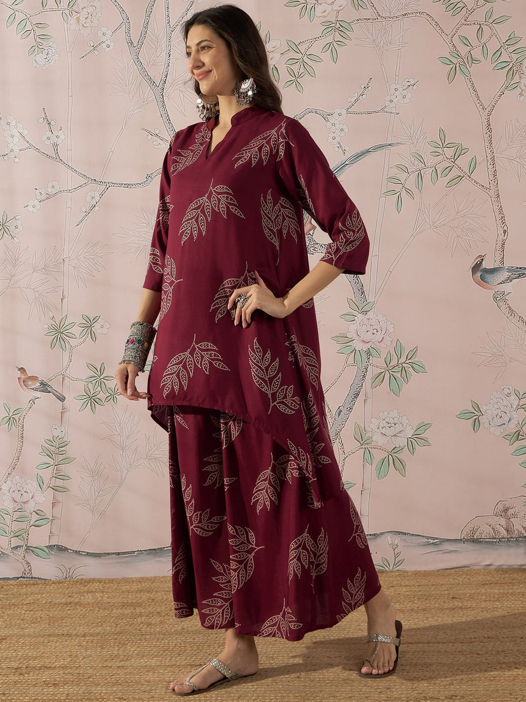 InWeave Dark Maroon Leaf Mandarin Kurta Set | Grocsy